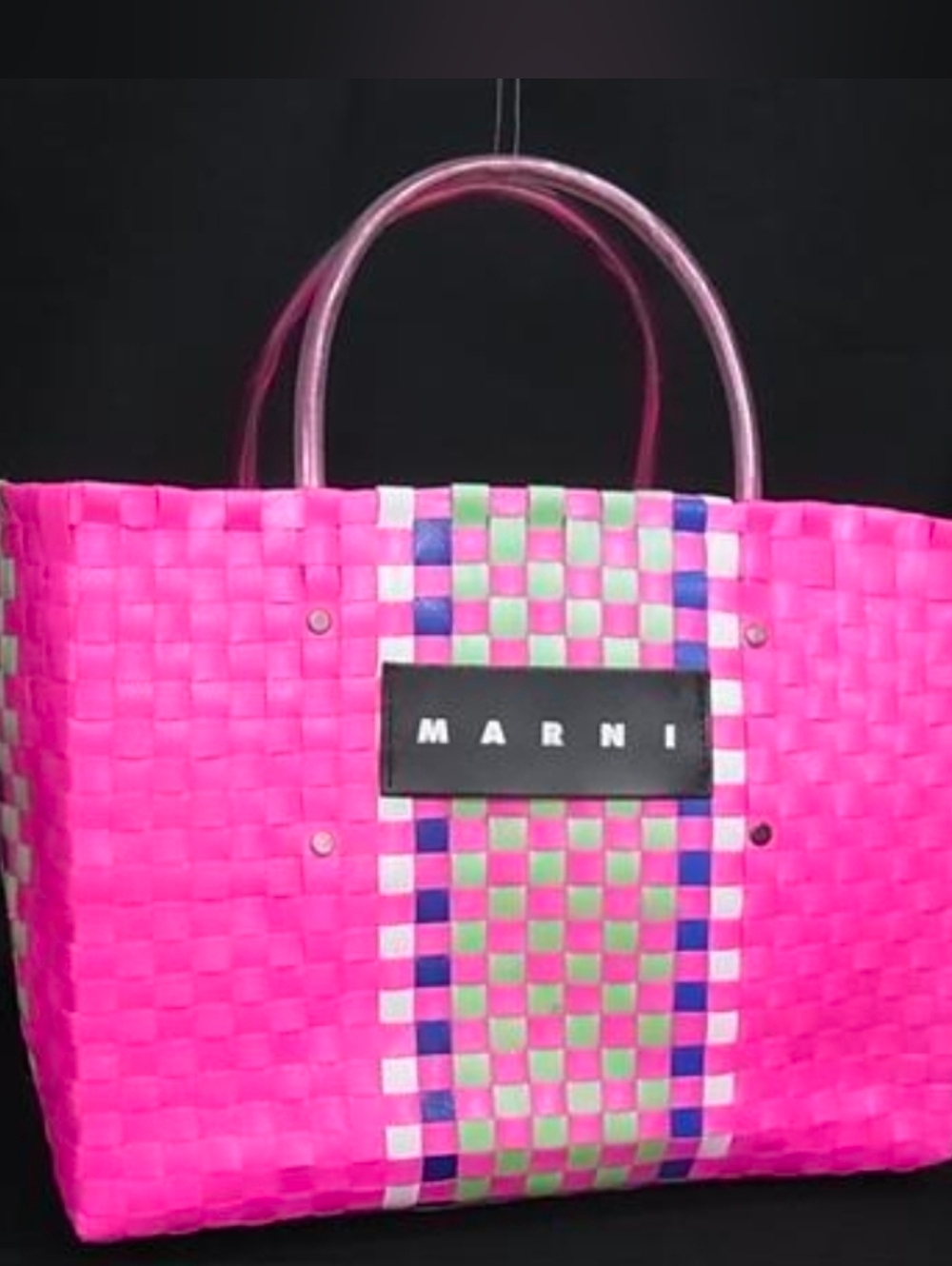 Marni Hot Pink Woven Tote with Green & Blue Check Panel